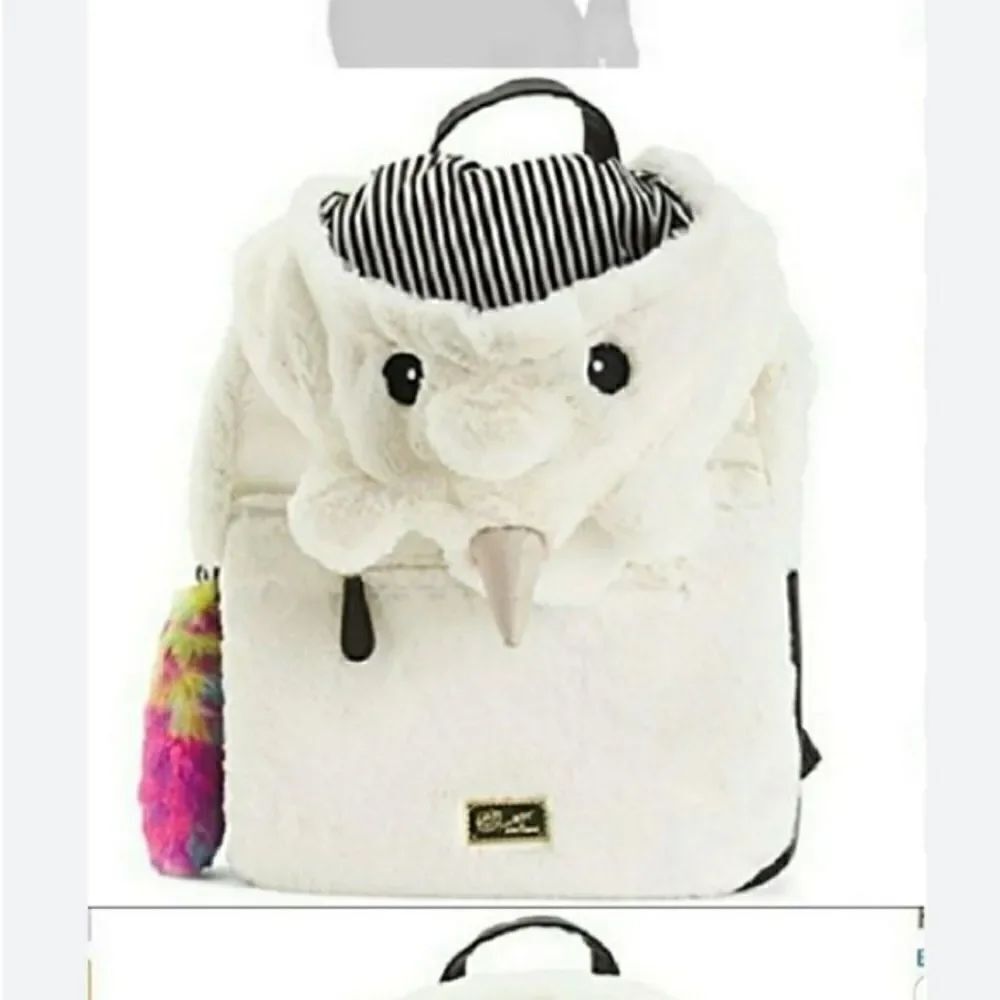 Rare betsey johnson backpack hoodie white plush fur unicorn rainbow HTF